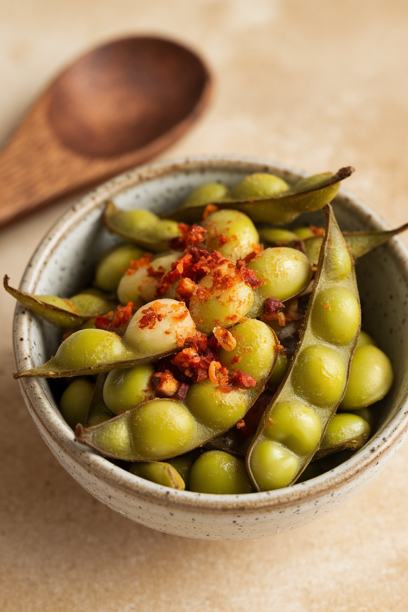 Close-up indoor photo of roasted edamame sprinkled with chili flakes in a small ceramic bowl. No text or logos in frame.
