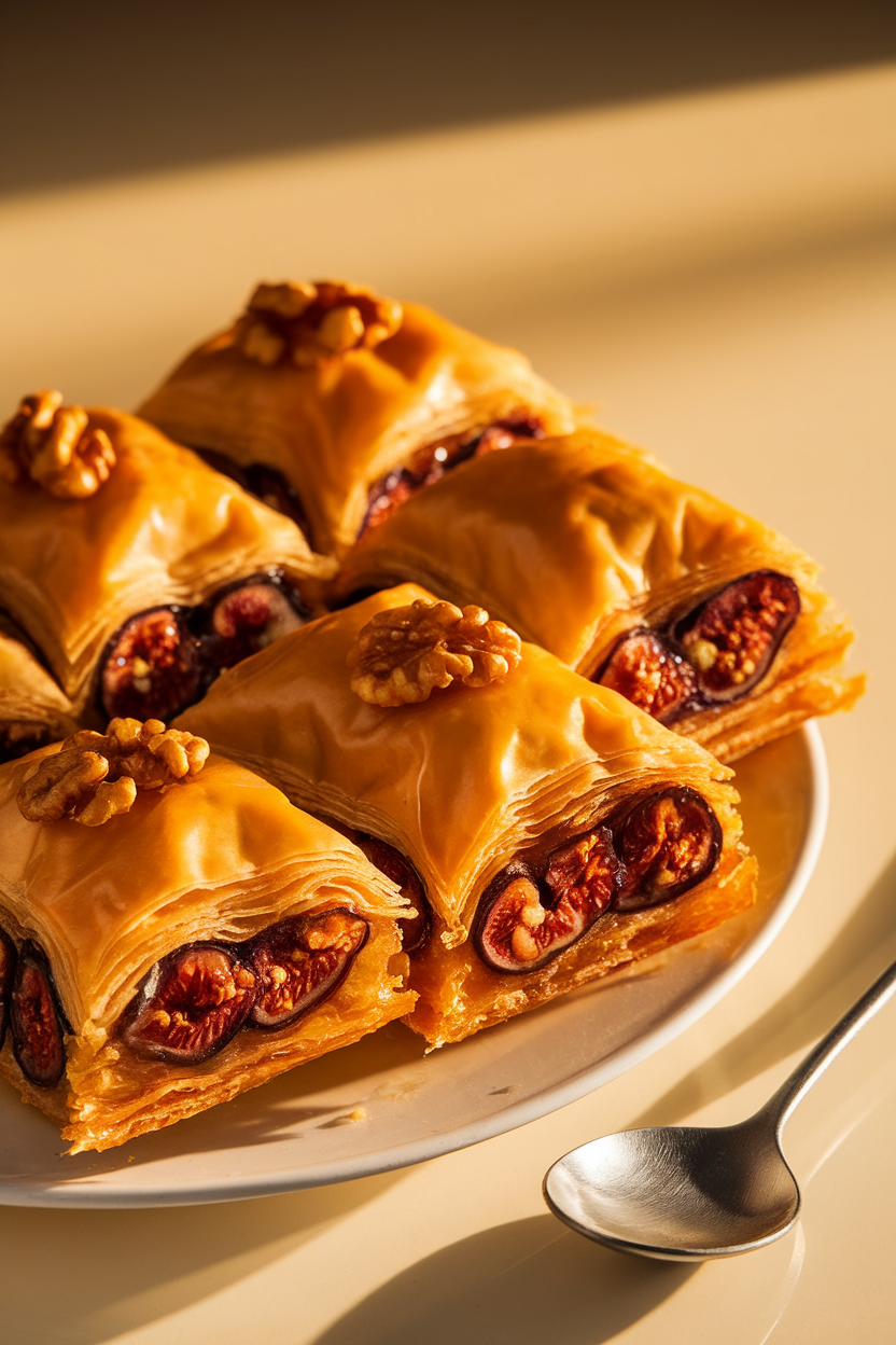 Indoor photo of baklava diamonds filled with figs and walnuts, syrup sheen under warm lighting, no text or logos