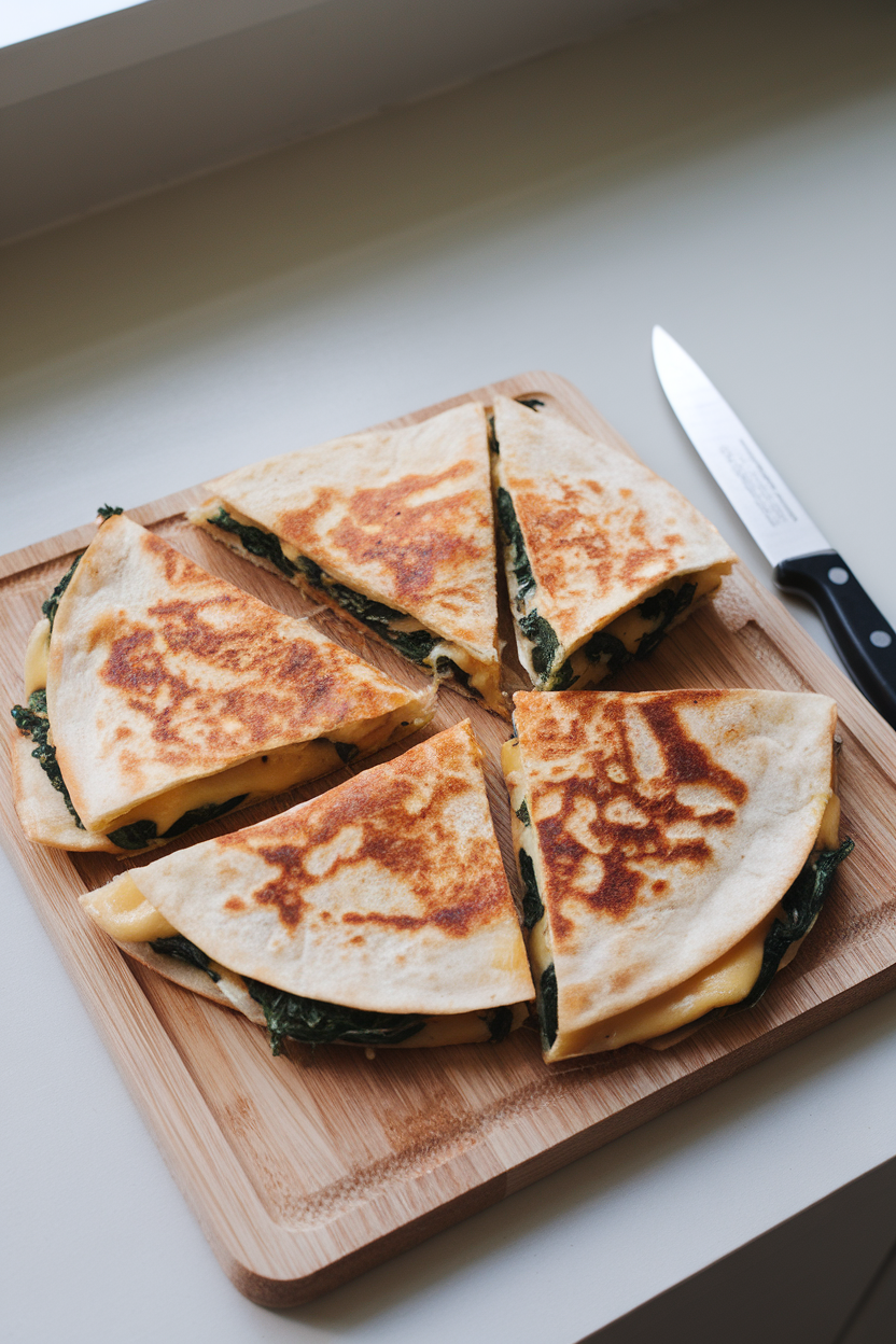 A cutting board on an indoor countertop holding triangle wedges of a cheese and spinach quesadilla, cheese just melting at the edges. No text or logos anywhere.