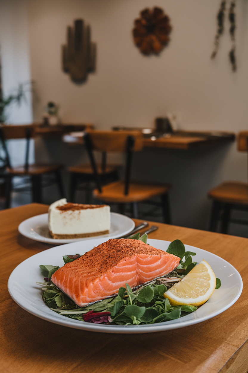 Photo prompt: An indoor dining scene with a wholesome salmon salad in the foreground and a modest slice of cheesecake in the background, soft lighting, no logos.