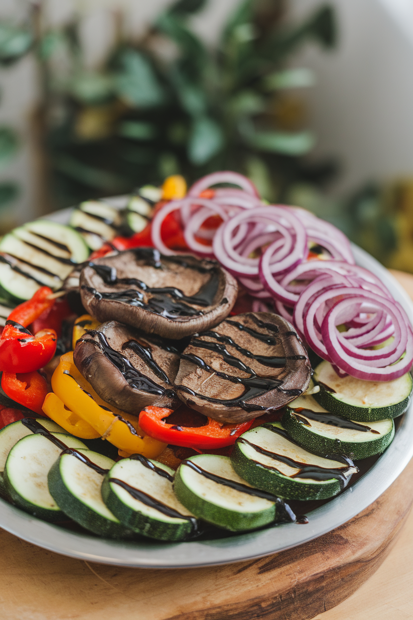 Indoor platter featuring cooked zucchini, bell peppers, portobello caps, and red onion rings drizzled with balsamic reduction. No text or logos.