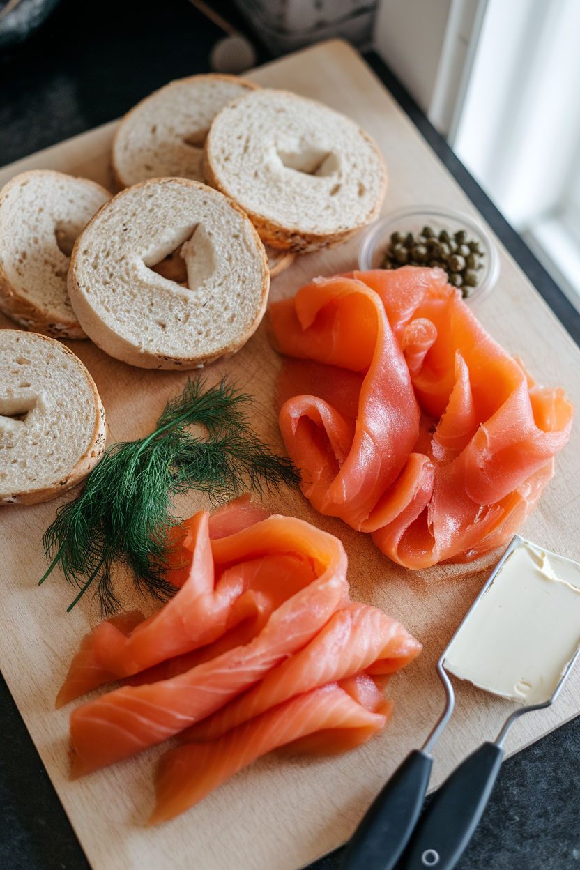 Indoor cutting board with sliced bagels, ribbons of smoked salmon, dill sprigs, capers, and cream cheese spreaders, no logos or text visible.