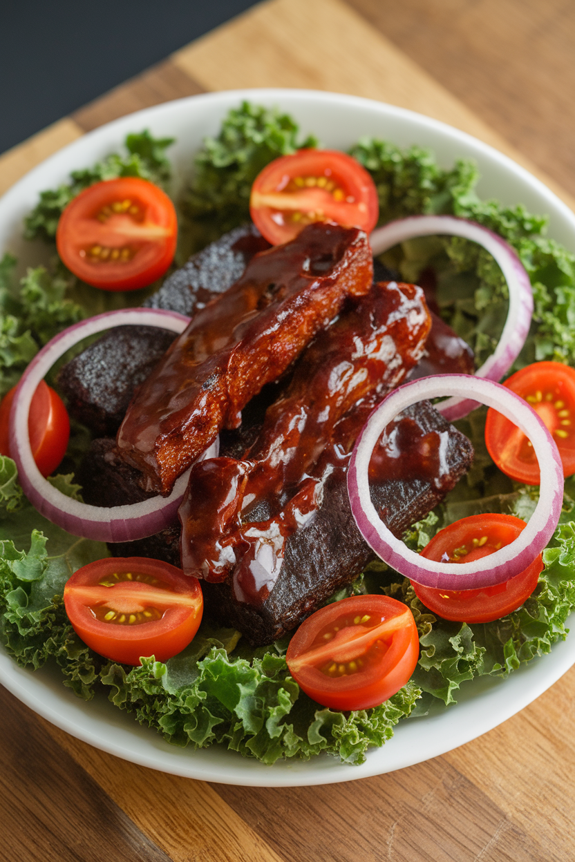 Indoor photo of smoky barbecue-sauced tempeh strips on curly kale with cherry tomatoes and red onion rings, lightly dressed. Soft indoor lighting, no text or logos.
