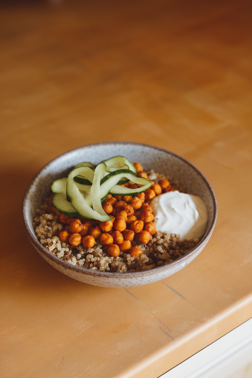 Warm indoor countertop showing bowls of roasted curry-spiced chickpeas over quinoa with cucumber ribbons and a dollop of yogurt dressing. No text or logos present.