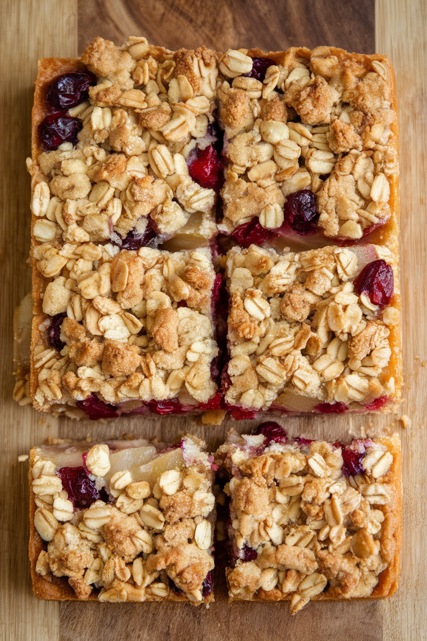 Indoor scene with crumble bars cut into rectangles, pear and cranberry filling peeking through oat topping. No text or logos.