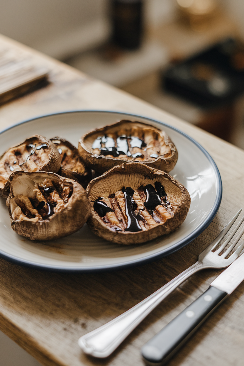 Indoor plate featuring grilled portobello caps brushed with balsamic glaze, knife and fork beside. No text or logos. Photo only.