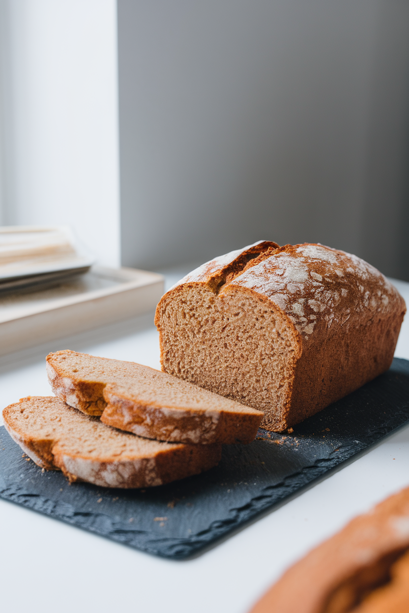 A bright indoor setting with a small loaf of almond flour bread, a few slices fanned out to show dense crumb, on a slate board. No text or logos. Photo only.