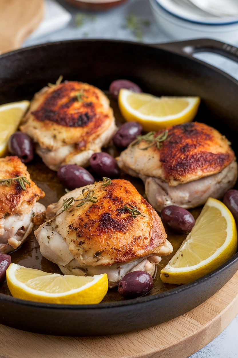An indoor photo of roasted chicken thighs with oregano, lemon wedges, and kalamata olives in a cast-iron skillet. No text or logos.