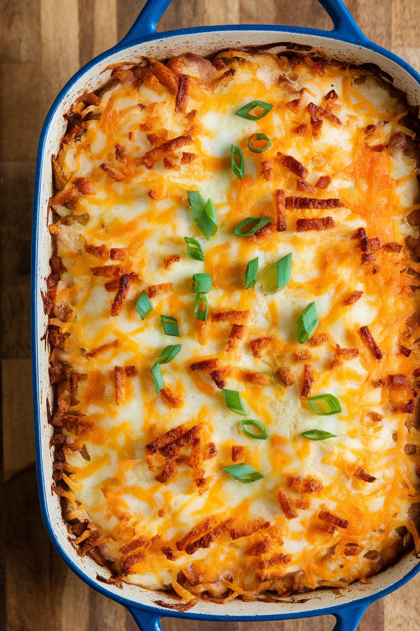 A bubbling indoor casserole dish filled with cheesy hashbrown breakfast bake, golden on top with flecks of green onion. No text or logos. Photo, not illustration.