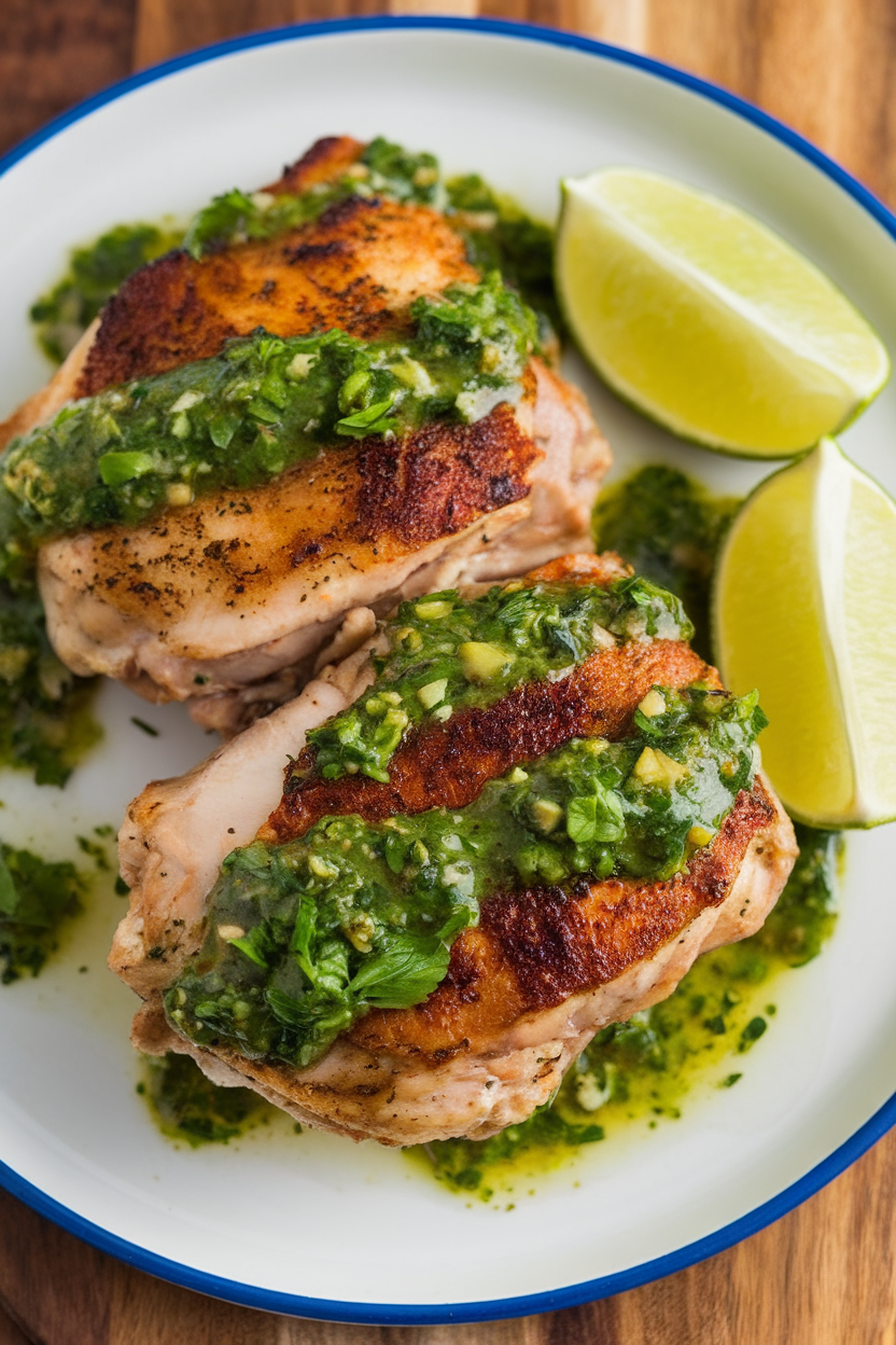 An indoor plate featuring seared chicken thighs drizzled with vibrant green chimichurri sauce, lime wedges on the side. No logos or text. Photo.