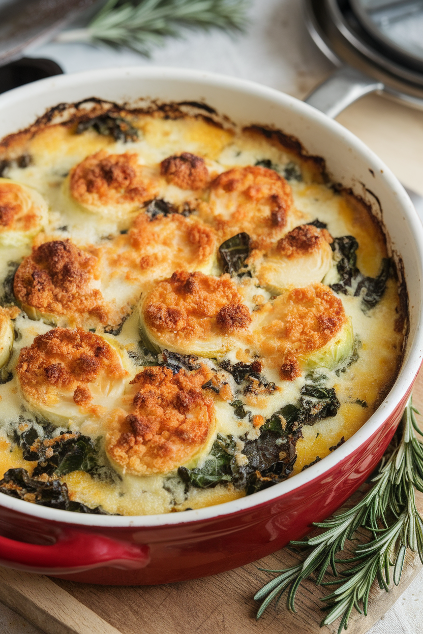 Indoor photo of cheesy gratin with Brussels sprout halves and kale ribbons bubbling in a dish, no text or logos.