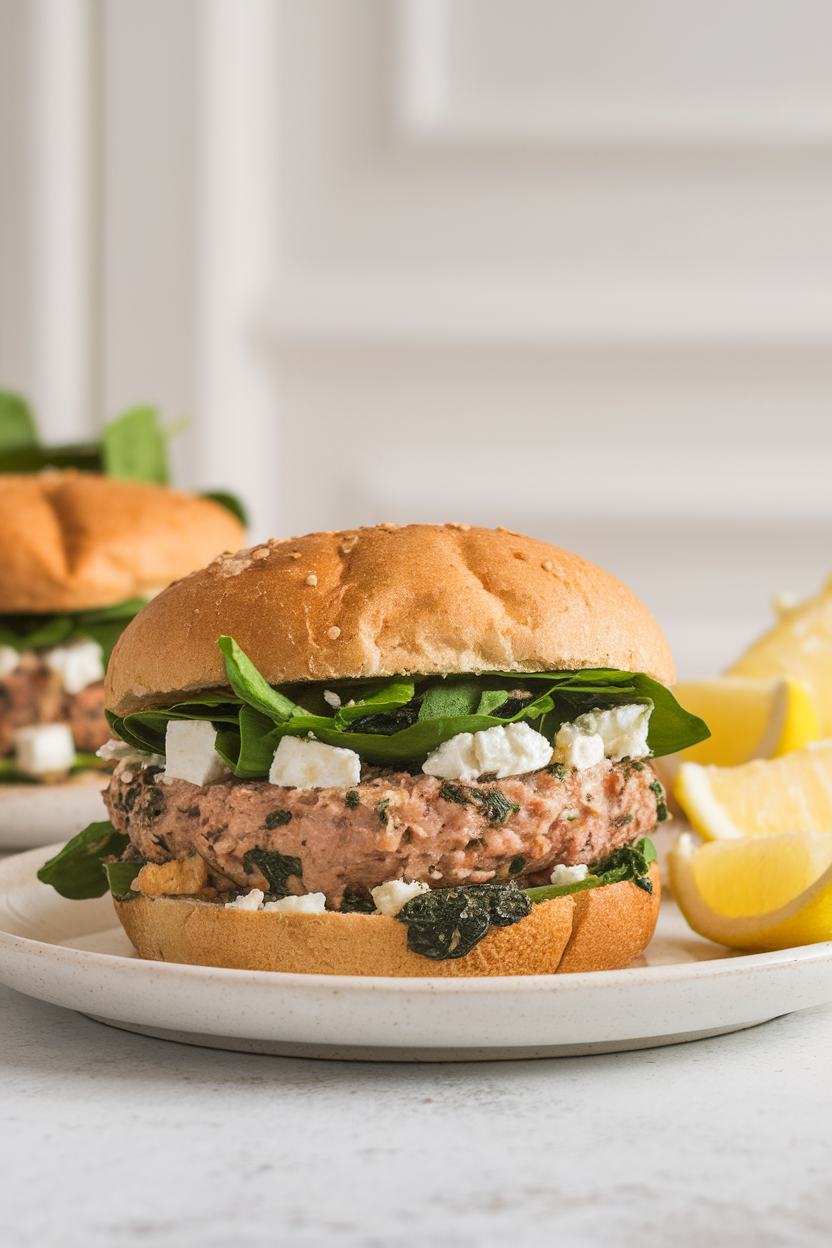 Photo of a turkey burger speckled with spinach and feta, served bun-less with lemon wedges on a white indoor plate; no text or logos; photo, not illustration
