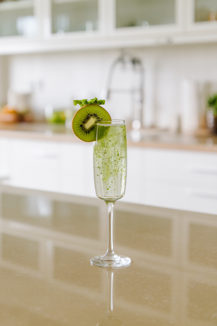 An indoor bright kitchen counter with a flute of green-flecked Champagne and a semicircle slice of kiwi on rim. Photo, not illustration. No text or logos.
