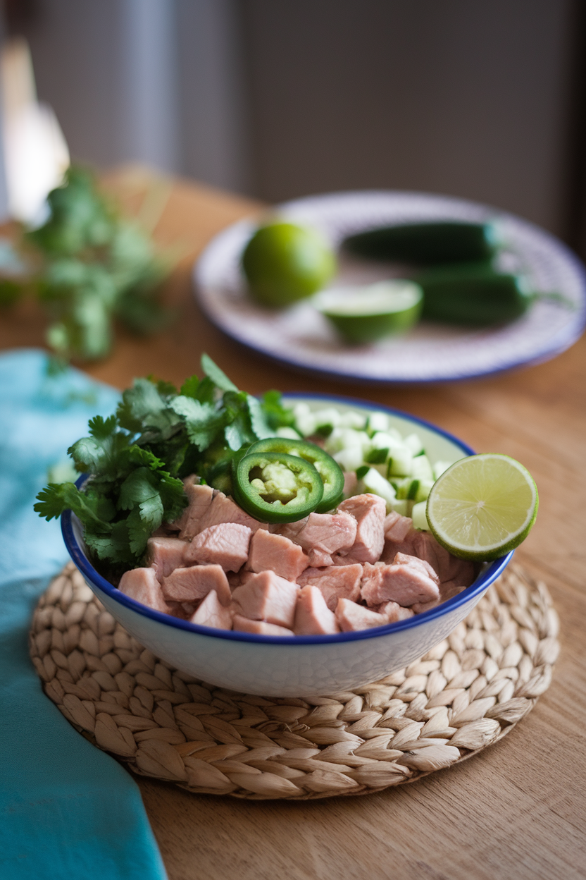 Indoor tabletop showing a bowl of diced chicken, finely chopped jalapeño, cilantro leaves, diced cucumber, and lime wedges — no logos