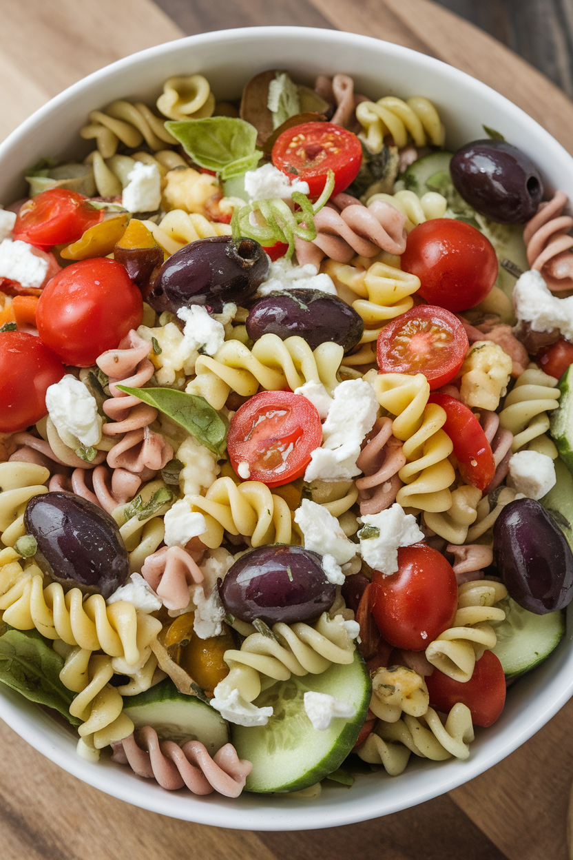 Indoor salad bowl brimming with rotini pasta, cherry tomatoes, cucumbers, olives, and feta crumbles, lightly dressed. No text or logos.