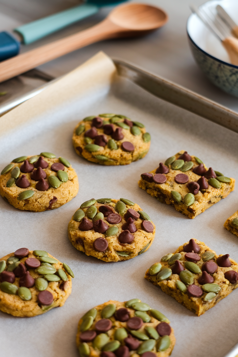Photo prompt: Cookies with green pumpkin seeds and chocolate chips on a parchment-lined sheet indoors, no logos.