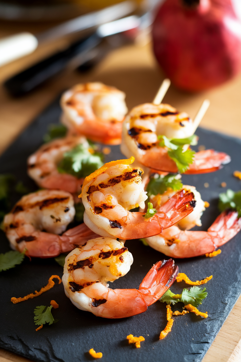 Indoor photo of grilled shrimp skewers with visible grill marks, sprinkled with chopped cilantro and orange zest on a slate board; warm backlighting, no text or logos