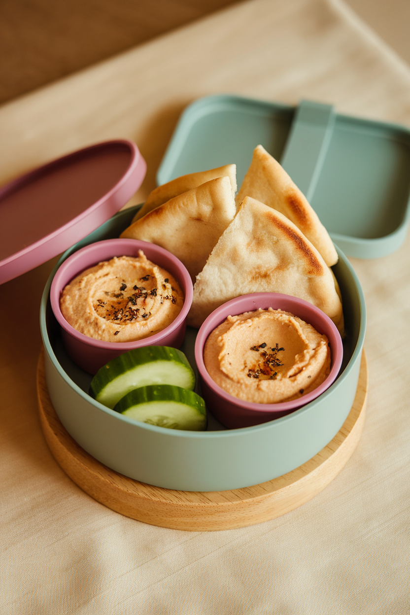 An indoor bento box containing small silicone cups of hummus, cucumber rounds, and pita triangles. No text or logos.