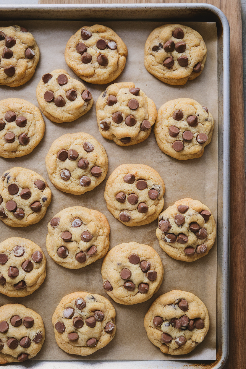 Indoor cookie sheet with golden gluten-free cookies studded with chocolate chips, overhead shot. No text or logos.