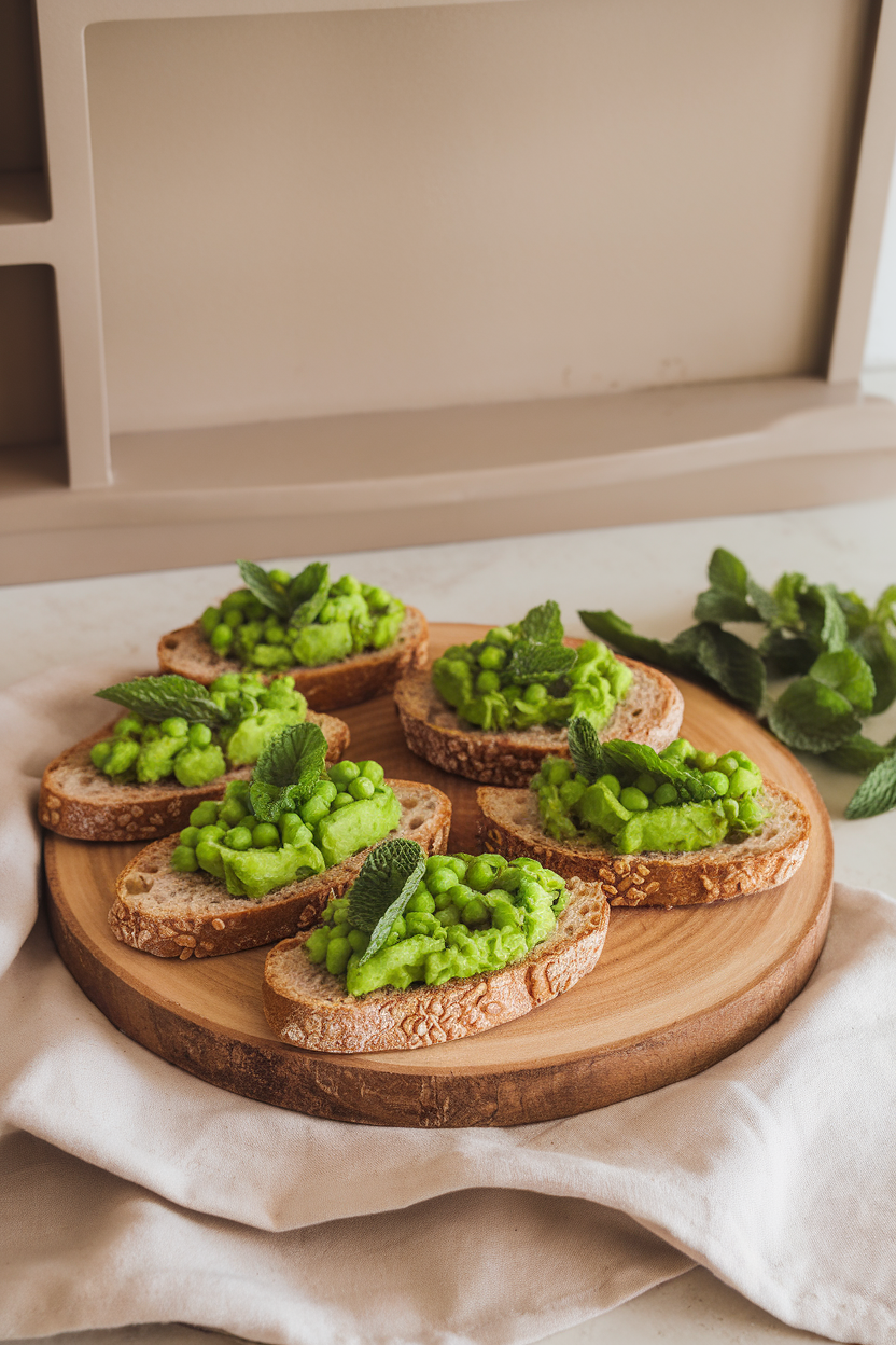 Indoor photo of whole-grain baguette slices topped with bright green smashed peas and mint, served on a wooden board. No logos or text.