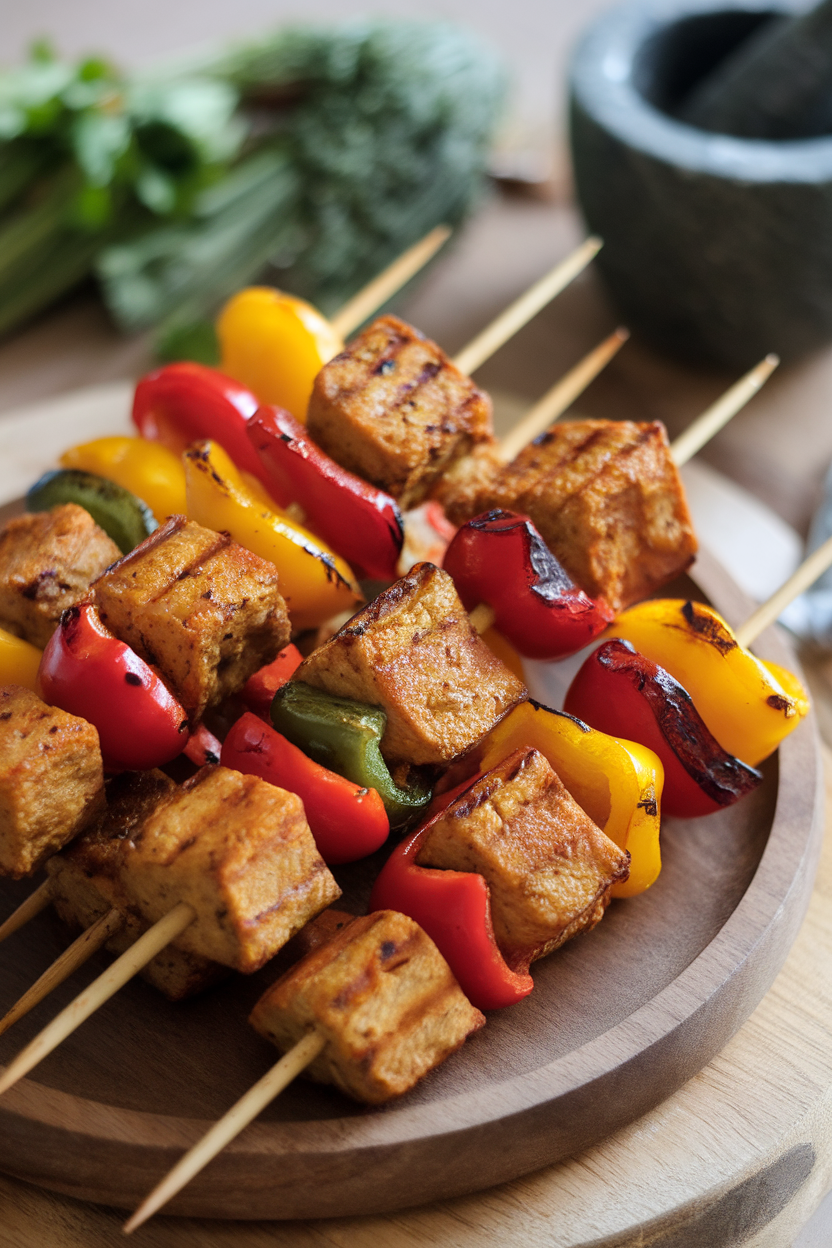 Wooden skewers threaded with seitan cubes and bell peppers, grilled and glistening on an indoor platter, no text or logos.