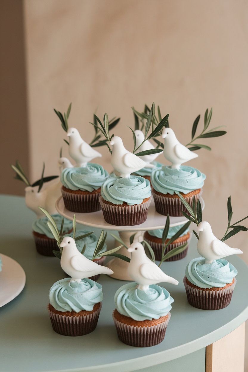 Photo of indoor serene table with cupcakes displaying fondant white doves holding green olive leaf sprigs, pale blue frosting base, no text or logos.