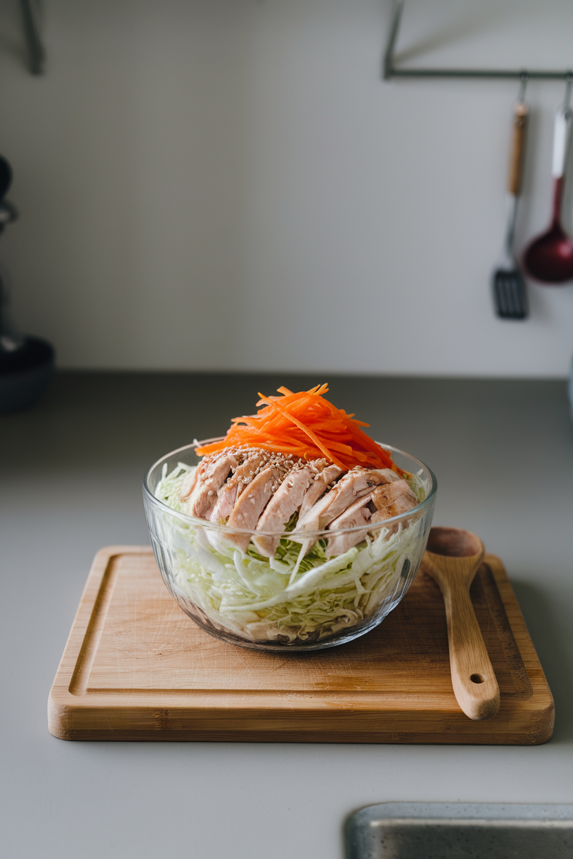 An indoor kitchen island holding a glass bowl of shredded cabbage, sliced cooked chicken, julienned carrots, and sesame seeds sprinkled on top — soft overhead light, no text or logos