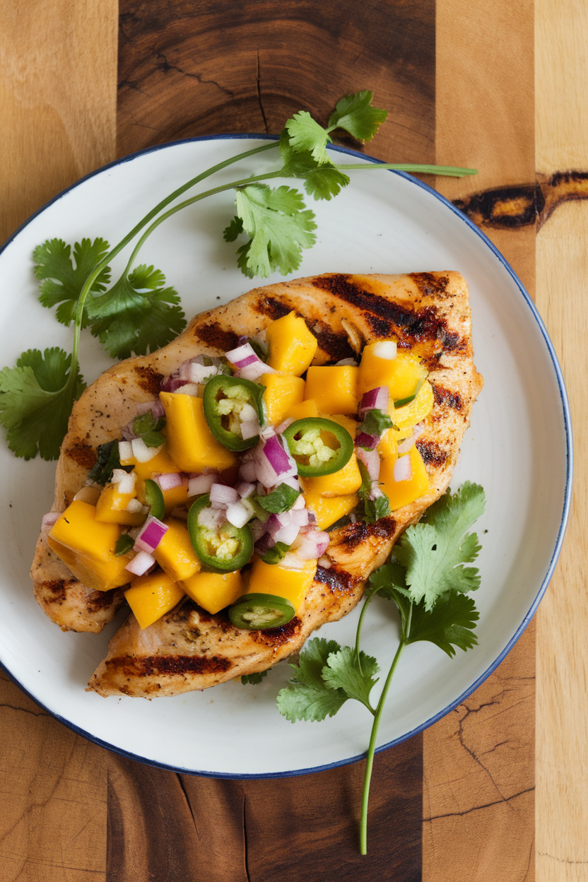 An indoor plate of grilled chicken breast topped with bright mango salsa and cilantro sprigs. No text or logos. Photo only.