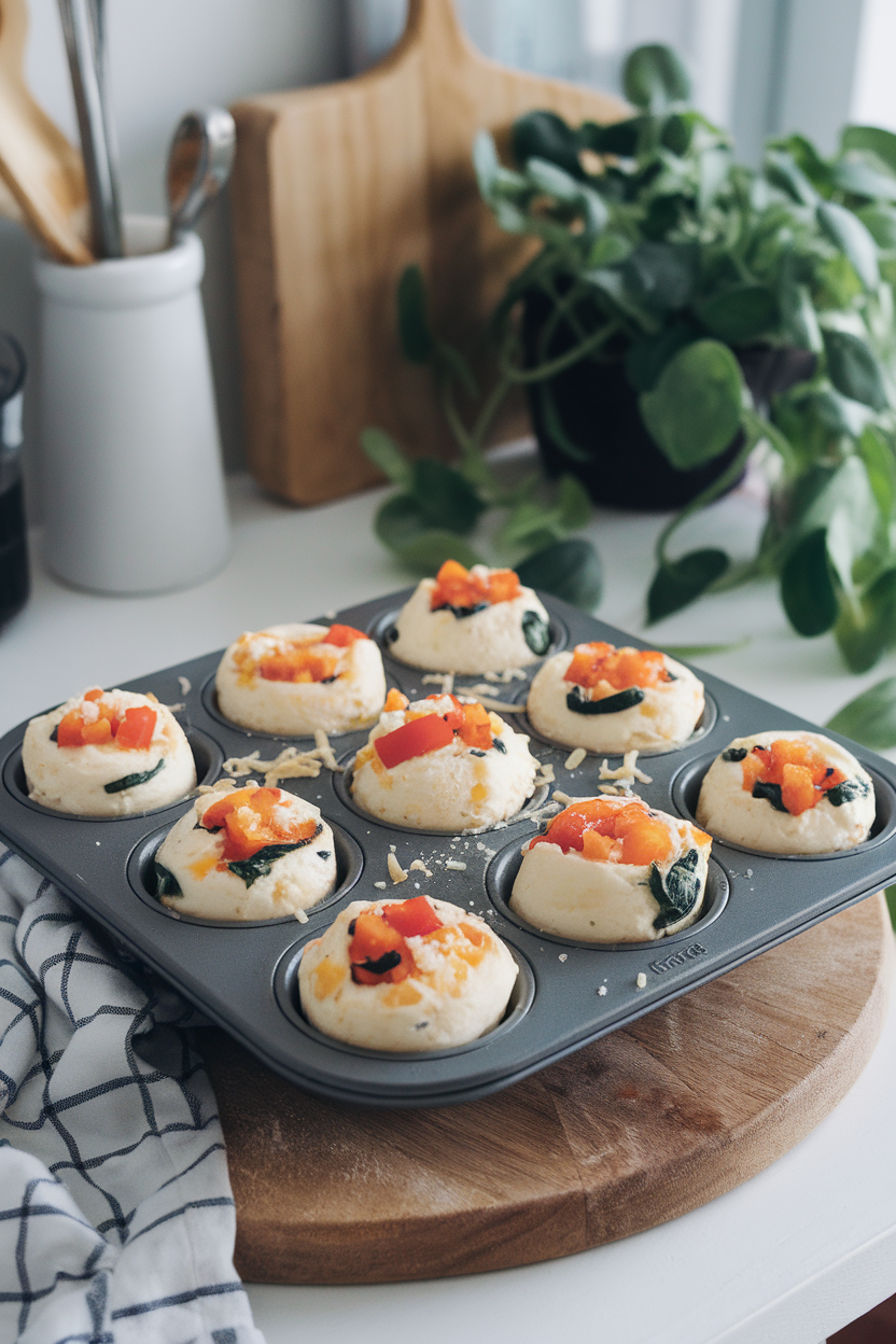 An indoor kitchen table showcasing a muffin tin filled with fluffy egg white cups studded with diced bell peppers and spinach; steam faintly visible; no text or logos.