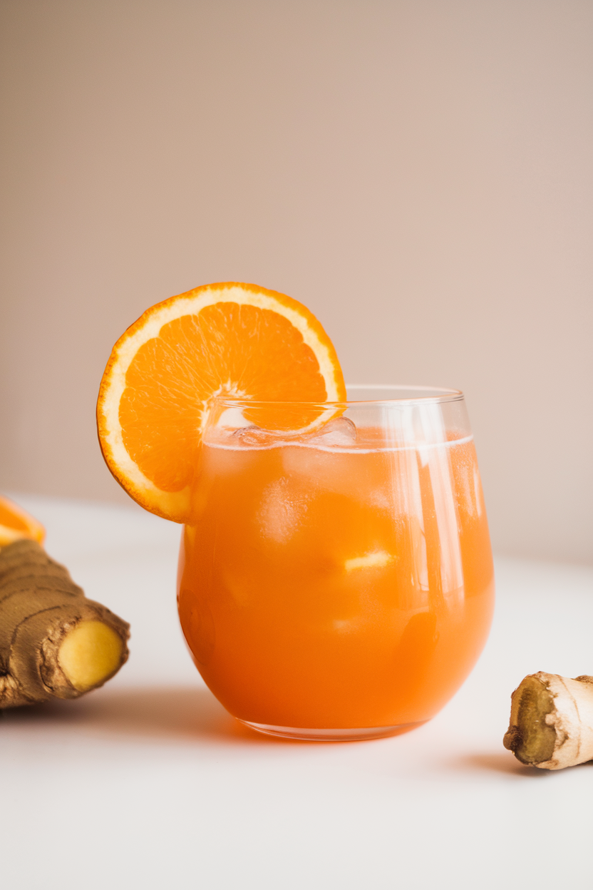 Indoor photo of a stemless glass filled with vibrant orange tangerine mocktail, thin tangerine slice on rim, micro-plane of ginger visible nearby; no text or logos.