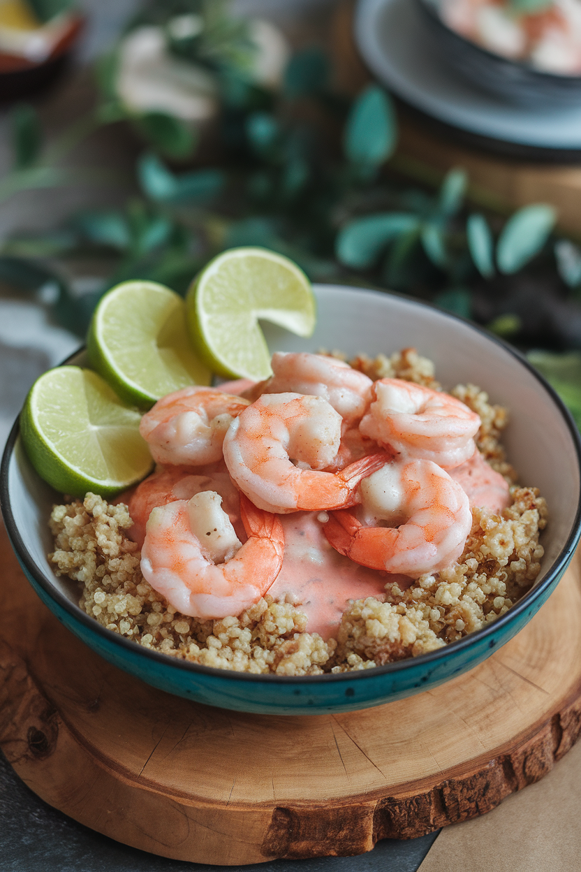 An indoor serving bowl featuring pink shrimp in a creamy coconut sauce over fluffy quinoa, lime wedges on the rim. No logos or text.