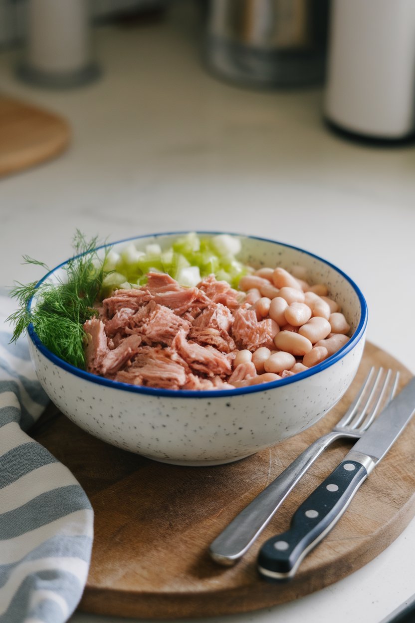 A bowl on an indoor countertop featuring flaked canned tuna mixed with white beans, chopped celery, and fresh dill. No text or logos; photo only.