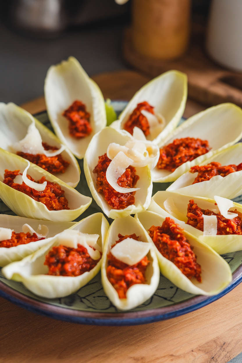 Indoor photo of crisp endive leaves filled with sun-dried tomato pesto and topped with shaved Parmesan curls, fanned out on a ceramic plate. No logos or text.