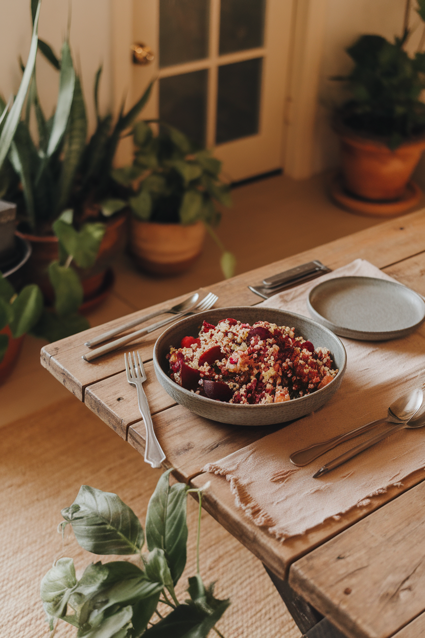 Indoor rustic table setting with a stainless fork resting beside a vibrant beet and quinoa salad, no text or logos. Photo.
