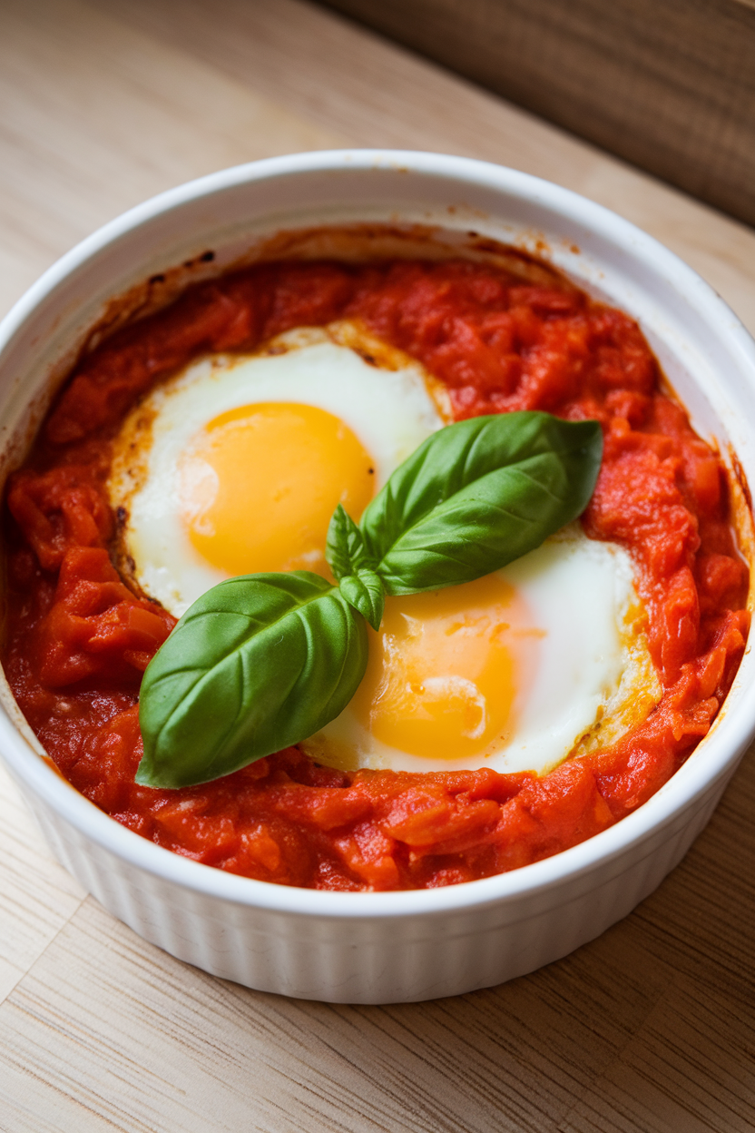 Ramekin indoors with two baked eggs nestled in chunky tomato sauce, basil leaf garnish, no text or logos