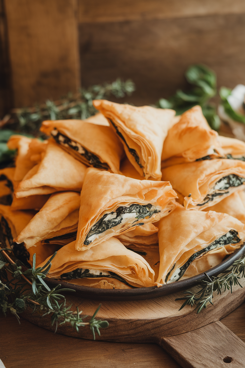 A warm indoor platter stacked with golden phyllo triangles showing flecks of spinach and feta inside their flaky layers. No text or logos anywhere in frame.