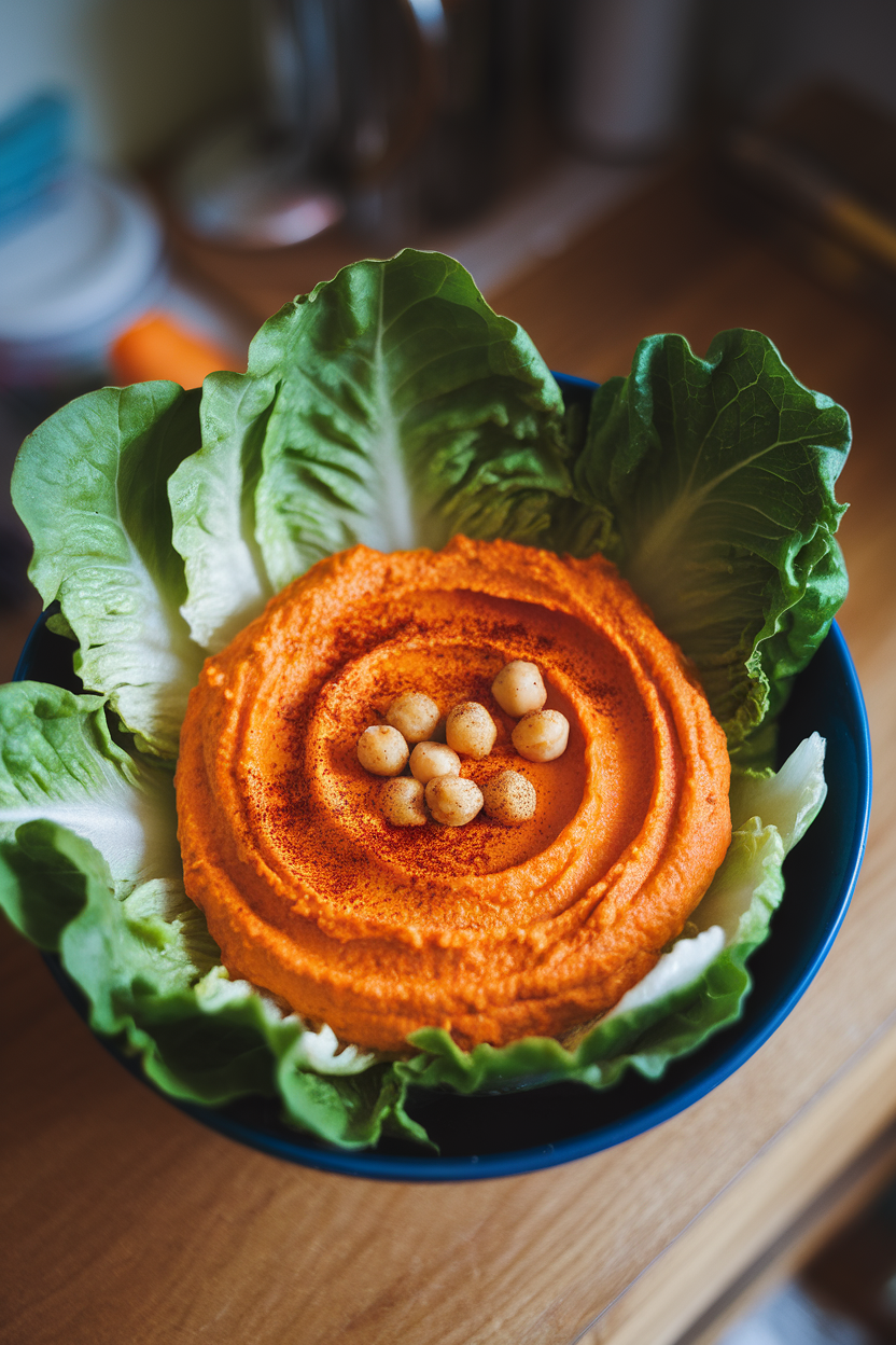 Indoor photo of romaine leaves filled with bright orange roasted red pepper hummus, sprinkled with paprika and chickpeas; soft overhead light, no text or logos