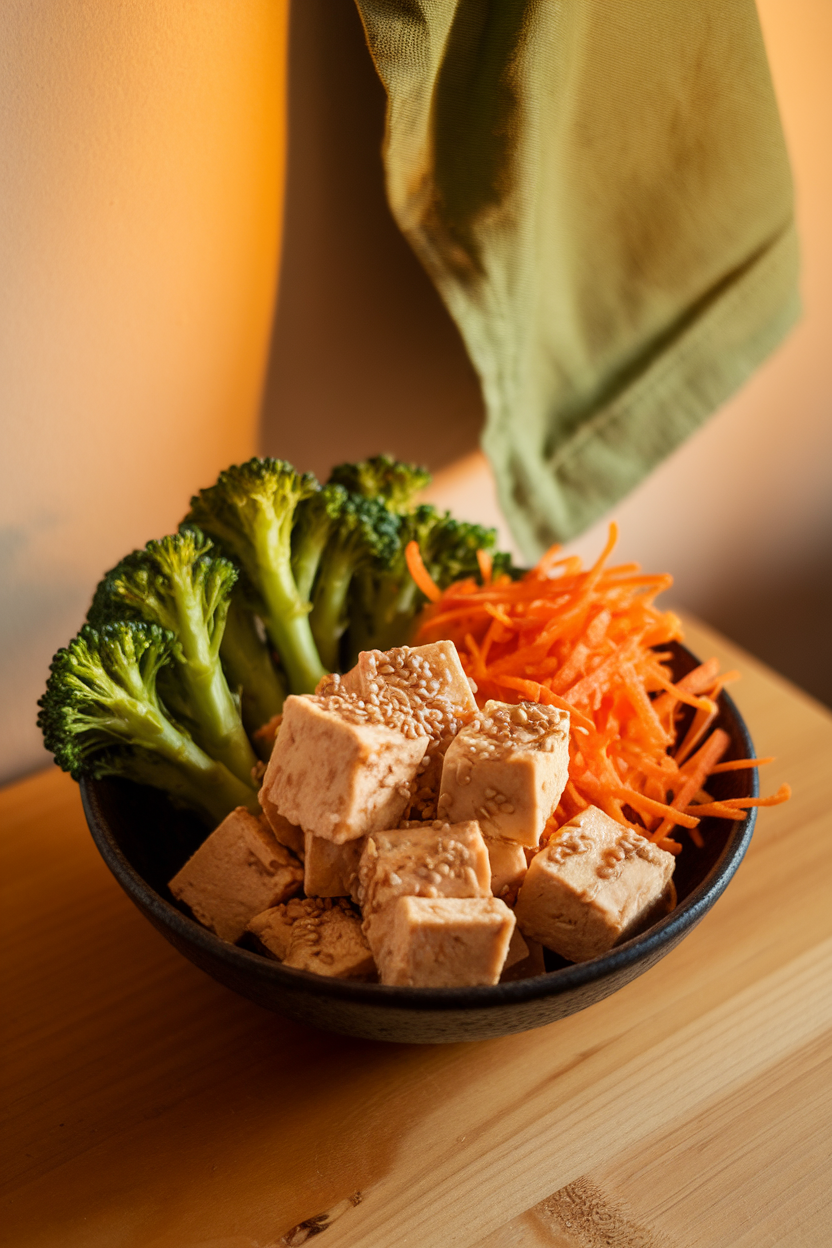 Photo of an indoor table featuring shredded broccoli stems, baked tofu cubes, shredded carrots, and sesame seeds in a bowl. No logos or text visible.