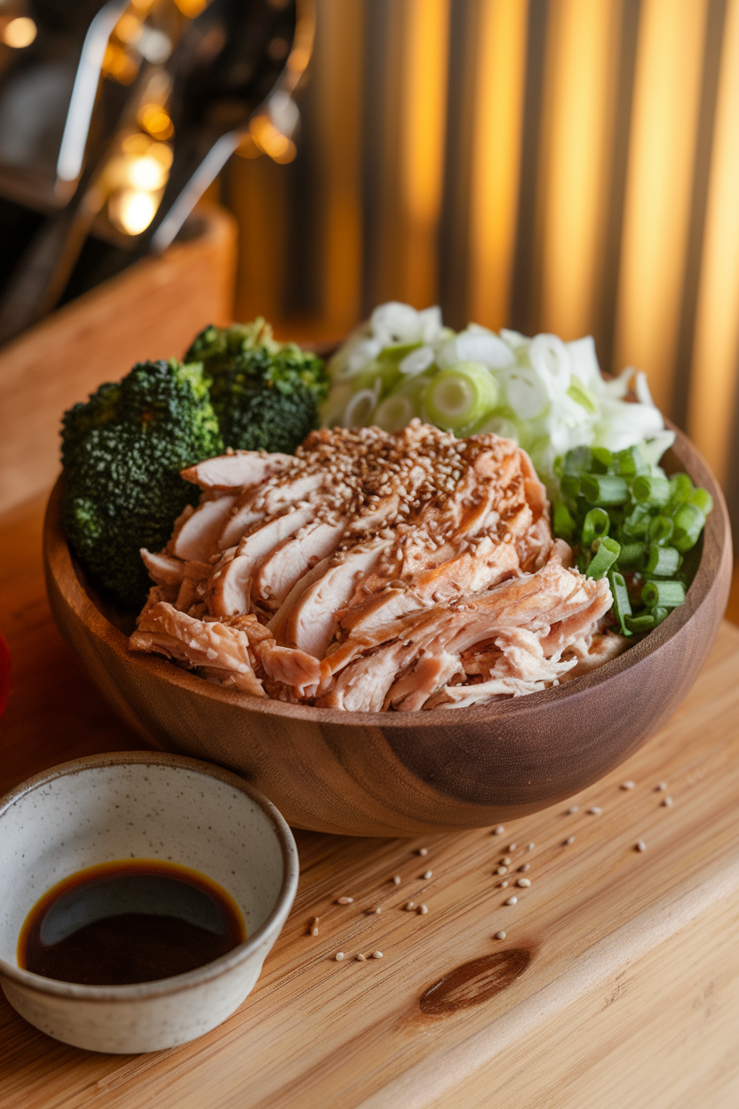 Indoor photo of shredded rotisserie chicken, bagged broccoli slaw, sliced green onions, and sesame seeds coated with a light soy-sesame dressing. Warm indoor lighting, no text or logos.