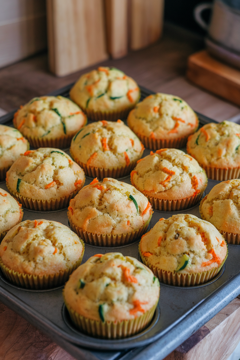 An indoor baking tray holding golden muffins flecked with green zucchini and orange carrot shreds; no branding or text.