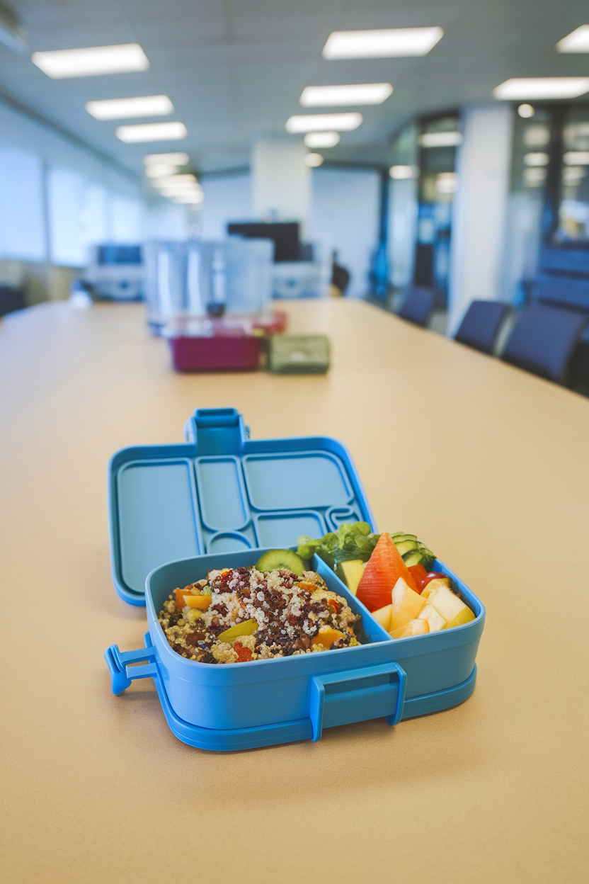 Indoor photo of a reusable lunchbox containing a quinoa salad, sliced veggies, and a small fruit portion, on an office break-room table; no text or logos.
