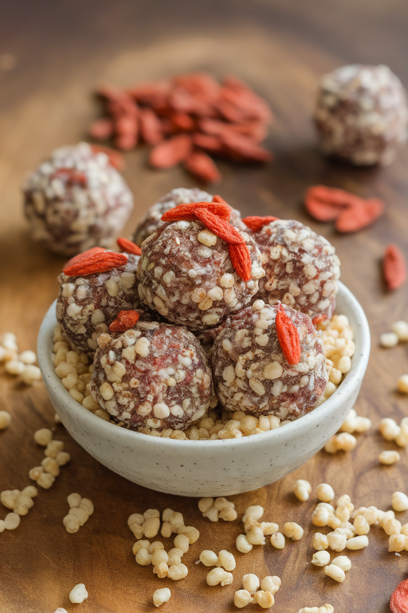 Photo of an indoor small bowl with red-speckled goji quinoa energy balls, puffed quinoa scattered around. No text or logos.