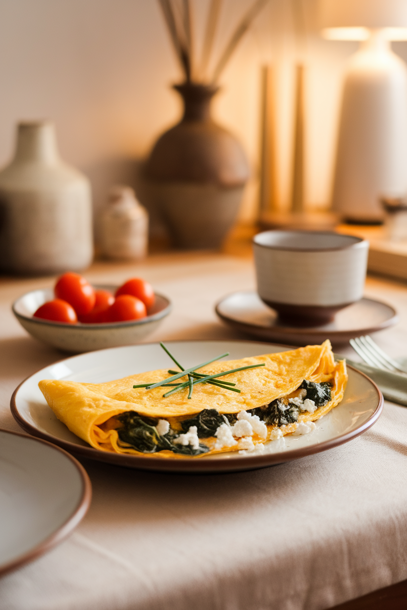 A cozy indoor breakfast table with a folded omelette revealing wilted spinach and crumbled feta inside, garnished with chives. No text or logos. Photo only.