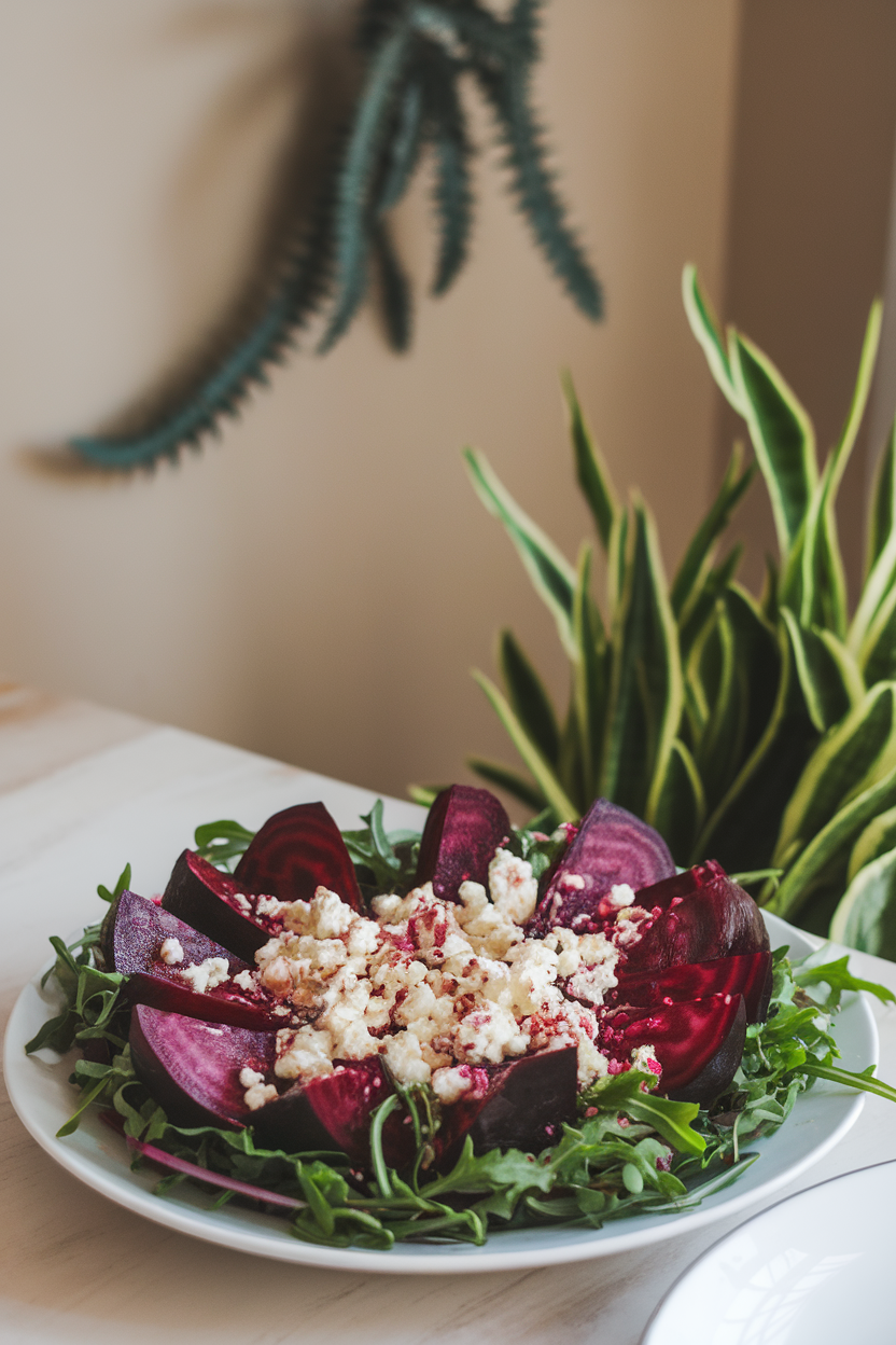 An indoor dining table displaying a vibrant salad of ruby beet wedges, peppery arugula, and crumbled goat cheese. Photo, no text or logos.