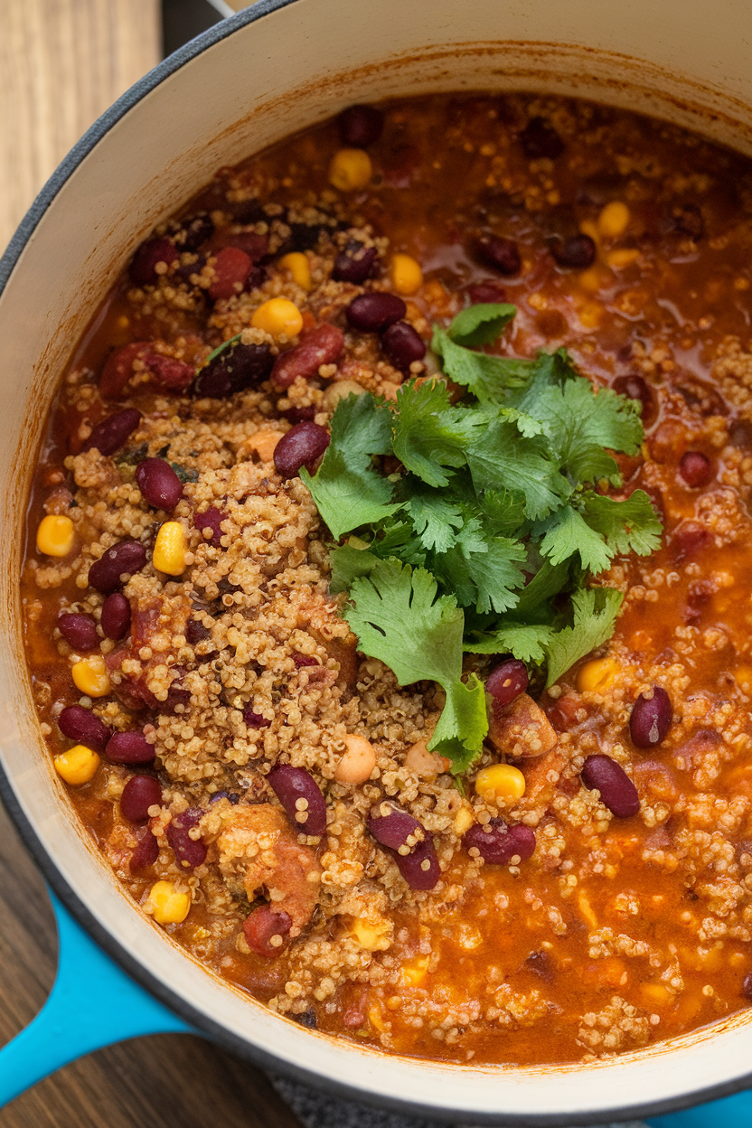 Indoor photo of a Dutch oven brimming with thick turkey chili, visible quinoa, beans, and corn, garnished with cilantro, no text or logos.