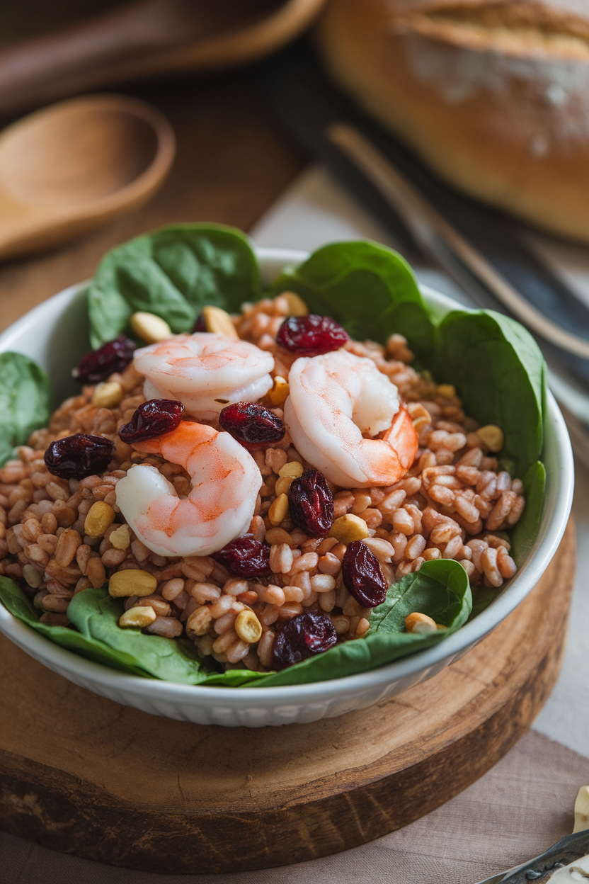 Indoor bowl photo of spinach leaves, cooked farro, dried cranberries, toasted nuts, and cooked shrimp; gentle lighting, no text or logos.