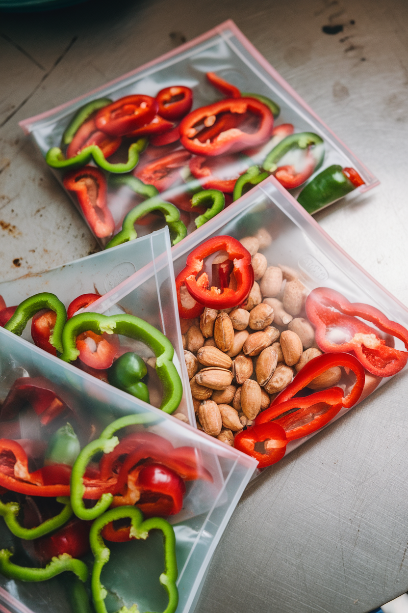 Indoor shot of reusable silicone bags holding sliced peppers and nuts, lying flat on counter, no logos.