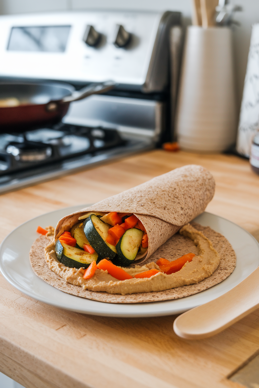 Indoor kitchen counter showing a whole-grain wrap spread with hummus and filled with roasted zucchini, peppers, and carrots, ready to fold. No text or logos.