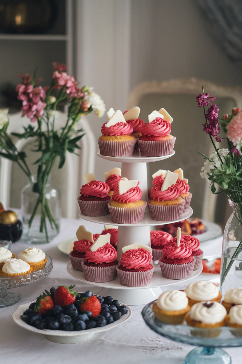 Photo of indoor brunch table with cupcakes topped by bright pink cranberry frosting swirls and sugared white chocolate shards, no text or logos.