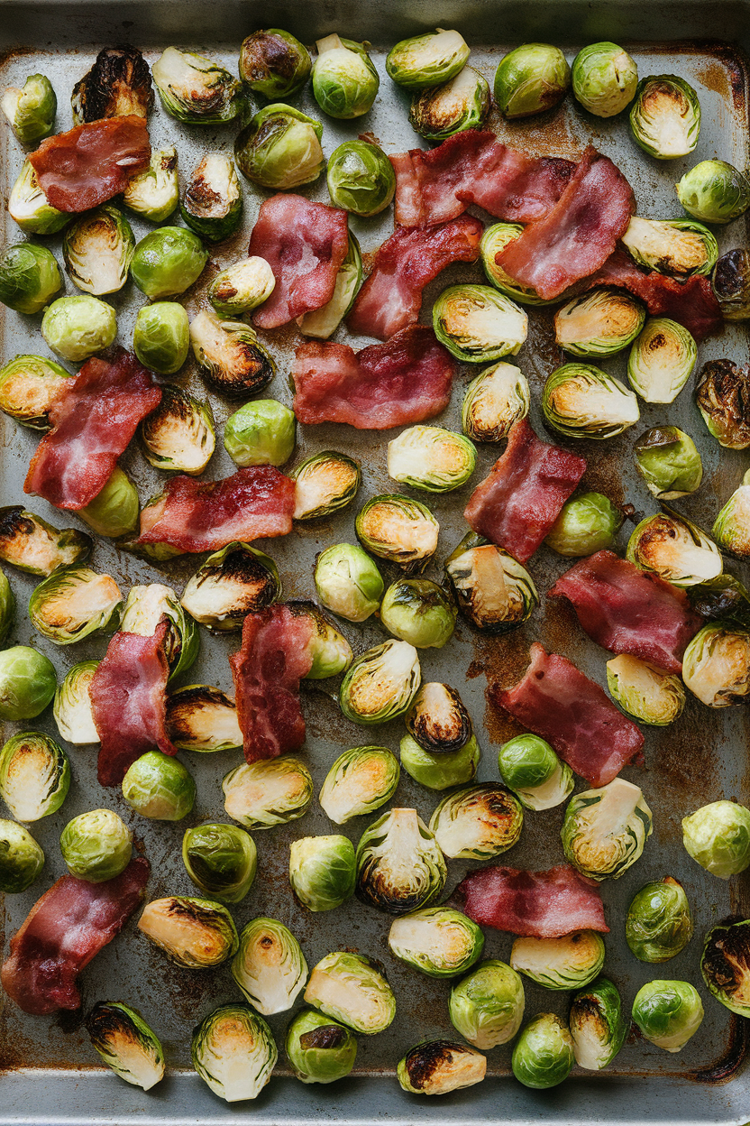 Indoor photo of a sheet pan of roasted Brussels sprouts with crispy bacon pieces, slight char on edges, no text or logos.